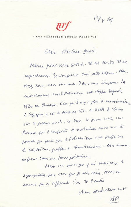 Brice PARAIN belle lettre politique sur révolution autographe signée Hubert Juin