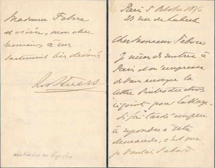 Lettre autographe signée ambassadeur des Pays-Bas en France à l'acteur Febvre