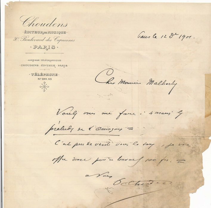 Paul CHOUDENS fils Antoine éditeur de musique Paris 7 lettres Bizet Don Procapio