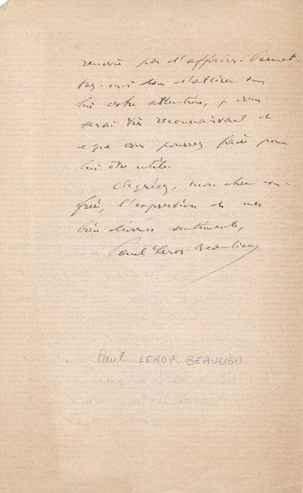Pierre Paul LEROY-BEAULIEU économiste Morandière architecte Blois lettre 