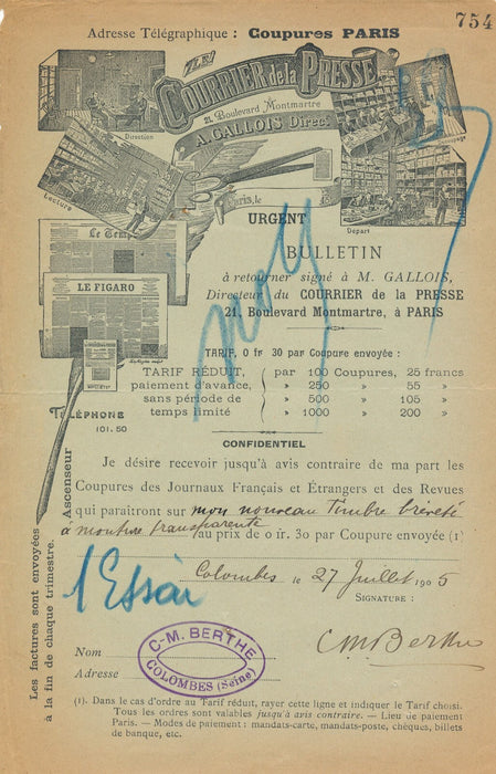 C. M. BERTHE, XIX-XXe s., philatélie lettre signée nouveau timbre brevet gravure