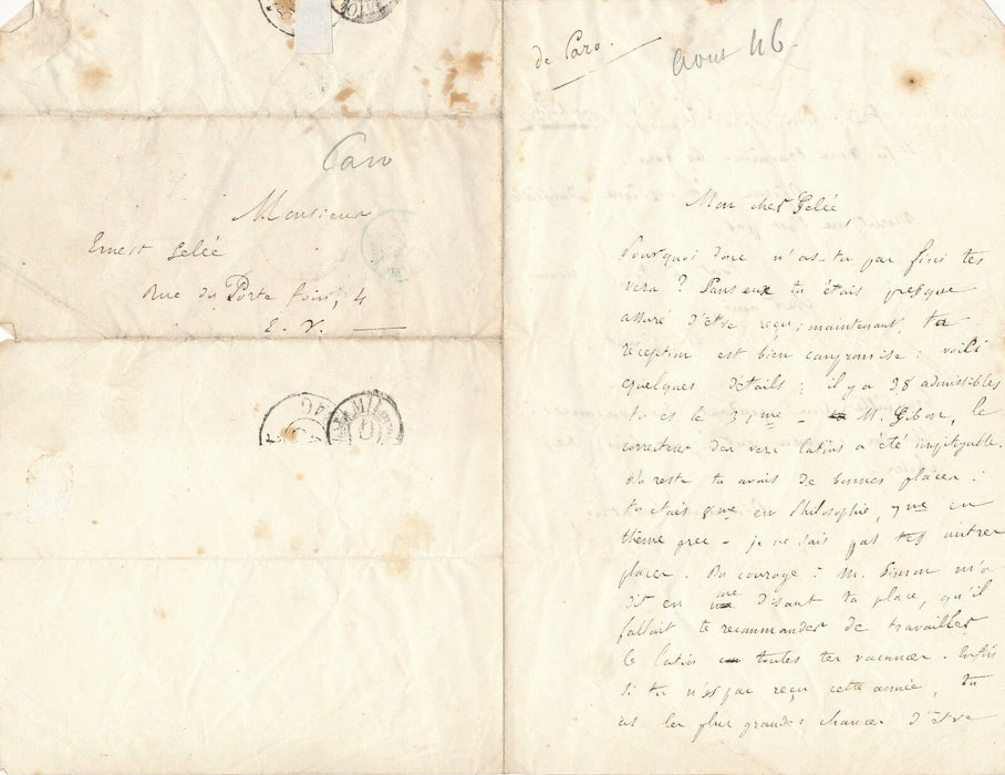 Elme-Maire CARO lettre autographe signée à Eustache-Ernest GELÉE  études latin