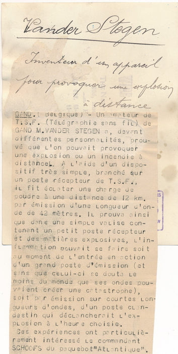Van der Stegen inventeur explosition télégraphie sans fil photo photographie TSF