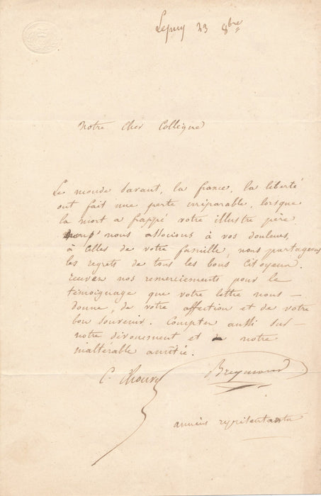 décès François ARAGO lettre autographe signée à Emmanuel ARAGO