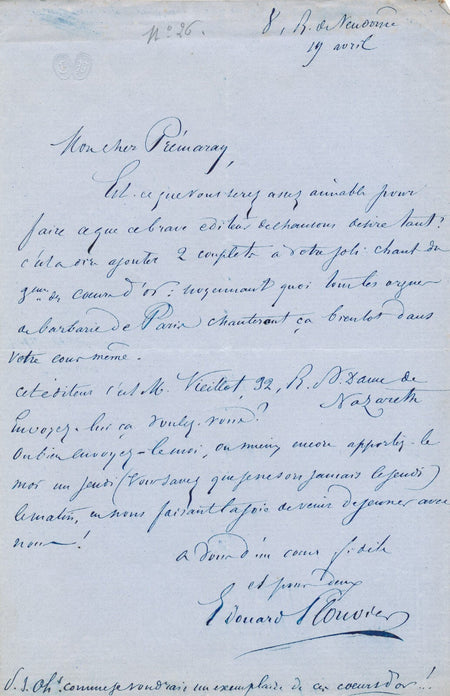 Théâtre Édouard PLOUVIER Coeurs d'or orgues Barbarie lettre autographe Prémaray