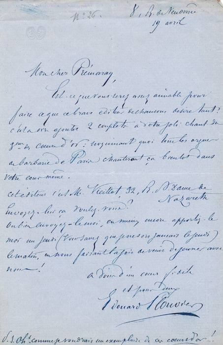 Théâtre Édouard PLOUVIER Coeurs d'or orgues Barbarie lettre autographe Prémaray