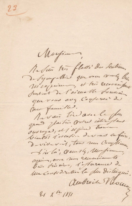 compositeur Ambroise Thomas Lettre autographe signée  Alexis de Garaudé 1851