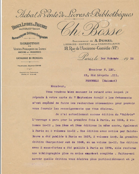 libraire Charles Bosse bibliographie Valérie Krüdener 2 lettres tapuscrites 