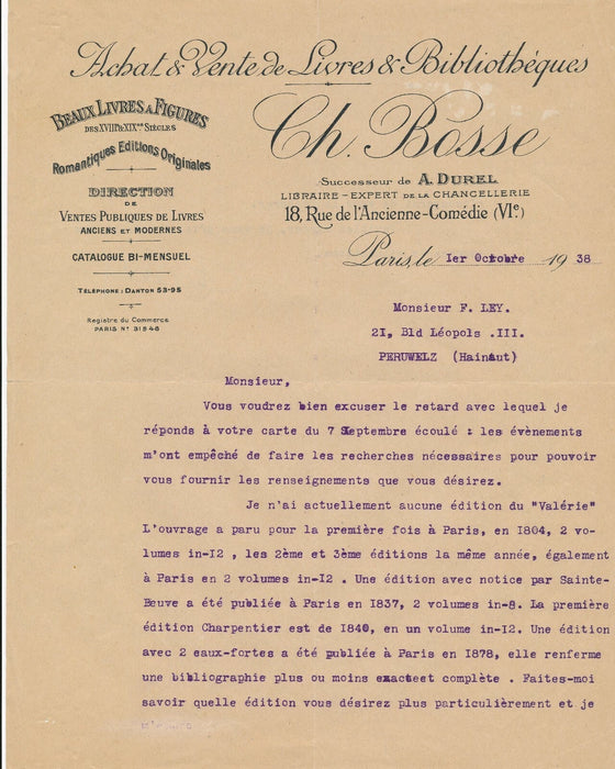 libraire Charles Bosse bibliographie Valérie Krüdener 2 lettres tapuscrites 