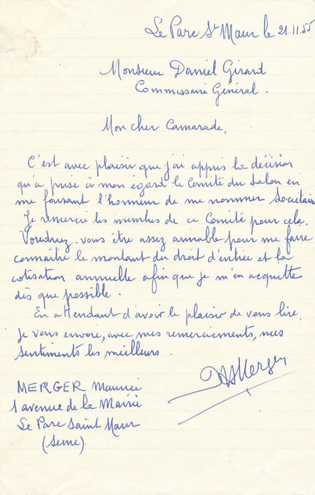 Maurice MERGER lettre autographe signée sociétaire salon d'Hiver