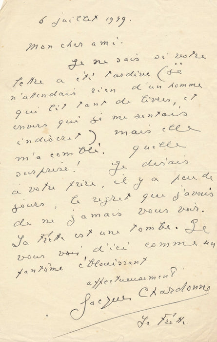Jacques CHARDONNE lettre autographe signée un "Fantôme Eblouissant" 1949