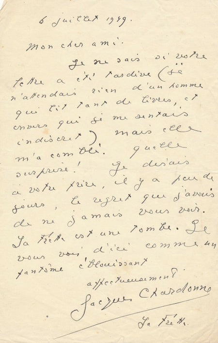 Jacques CHARDONNE lettre autographe signée un "Fantôme Eblouissant" 1949