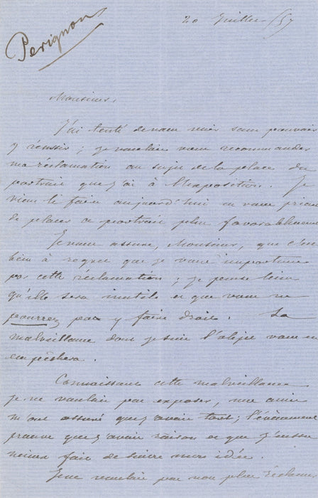 Alexis PÉRIGNON la malveillance dont il est l'objet lettre autographe signée