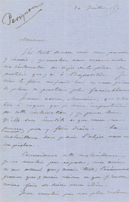 Alexis PÉRIGNON la malveillance dont il est l'objet lettre autographe signée