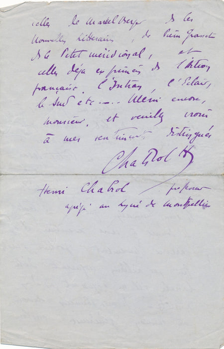 Henri Chabrol Sport remerciement critique Marcel Gras lettre autographe signée