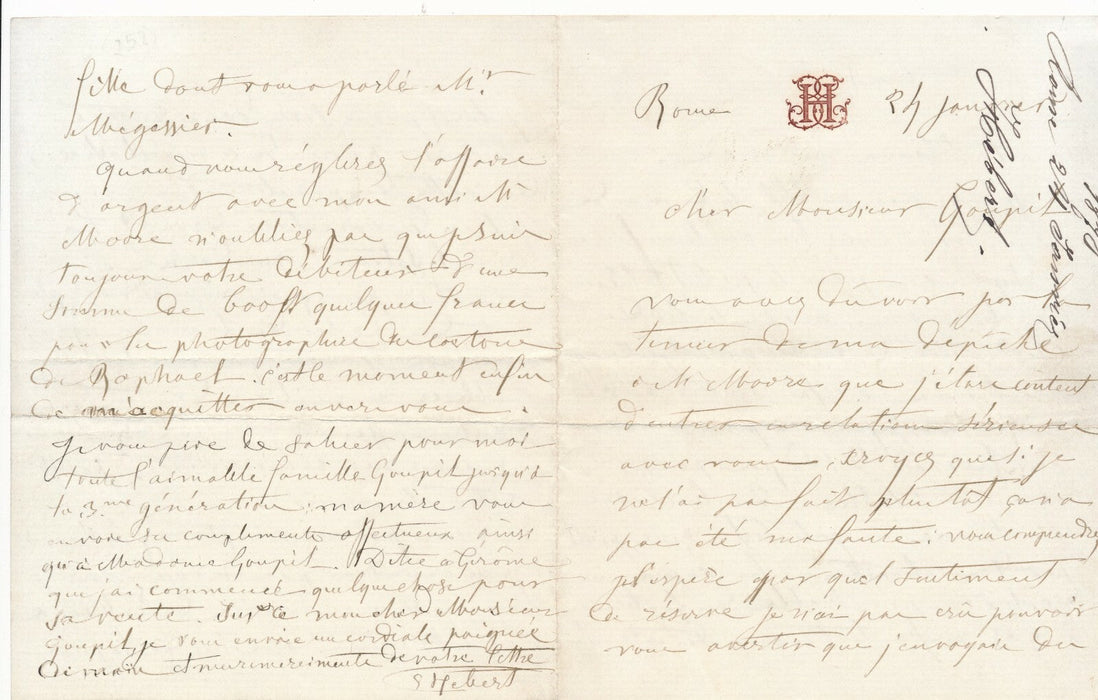 Ernest HÉBERT à Goupil marchand toile vente Gérôme lettre autographe signée