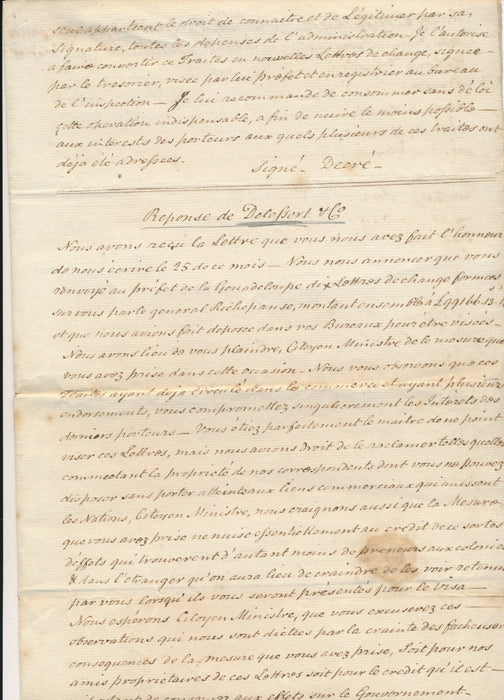 Acte d’huissier (1802) banque delessert Ministre guerre traites Guadeloupe 