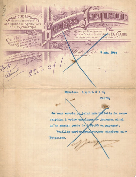 Georges JACQUEMIN lettre signée en-tête chimiste 1912 Malzéville