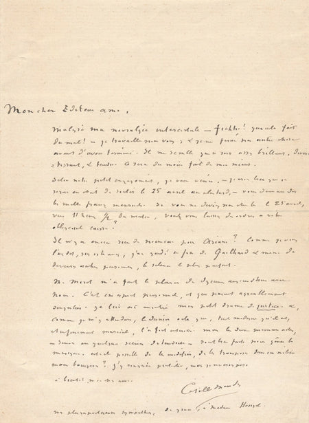 Catulle MENDÈS sur son drame JUSTICE et déjeuner Ernest MORET lettre autographe