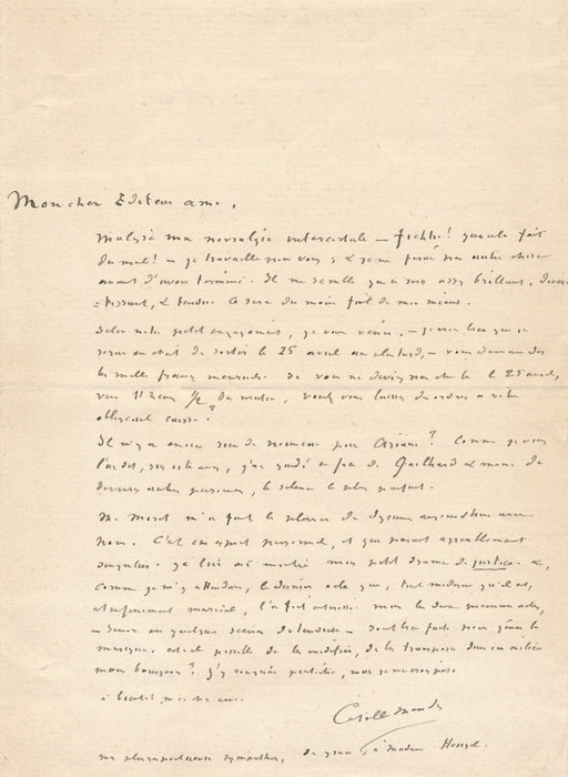 Catulle MENDÈS sur son drame JUSTICE et déjeuner Ernest MORET lettre autographe