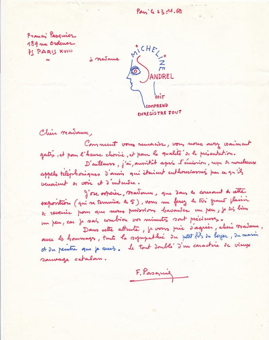 Francis PASQUIER 2 lettres autographes signées avec dessins peintre