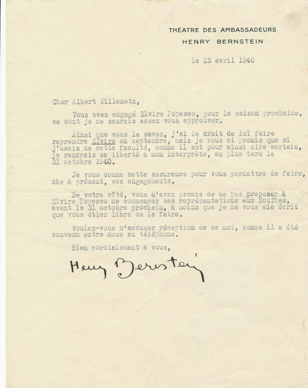 Henry BERNSTEIN à Albert WILLEMETZ 4 lettres Elvire Popesco probleme !