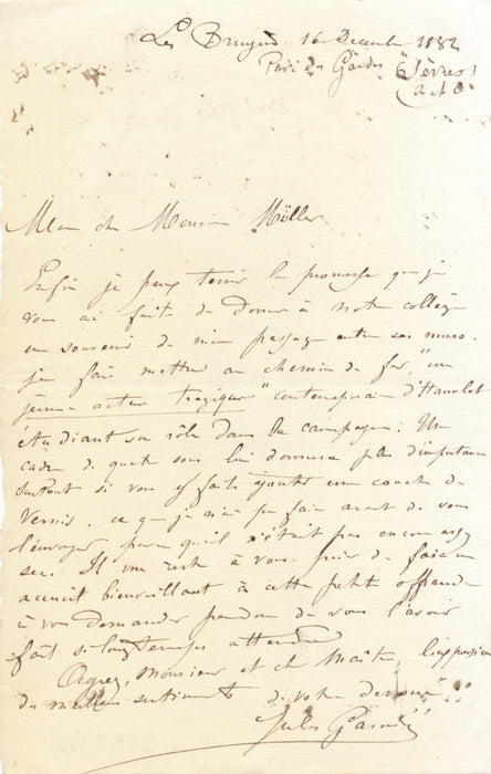 Jules GARNIER envoie un hommage à son collège d'enfance lettre autographe signée