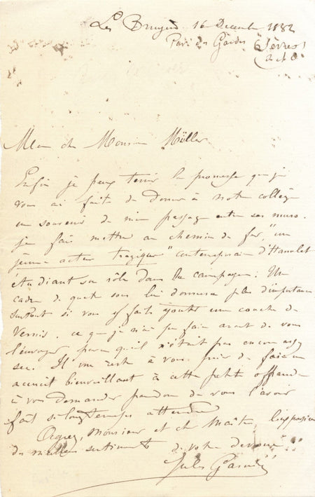 Jules GARNIER envoie un hommage à son collège d'enfance lettre autographe signée