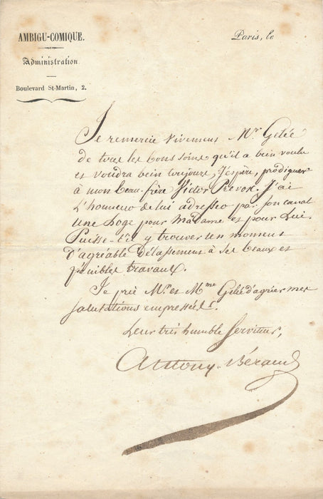Antony BÉRAUD au graveur Antoine Gelée loge Théâtre Ambigu lettre autographe
