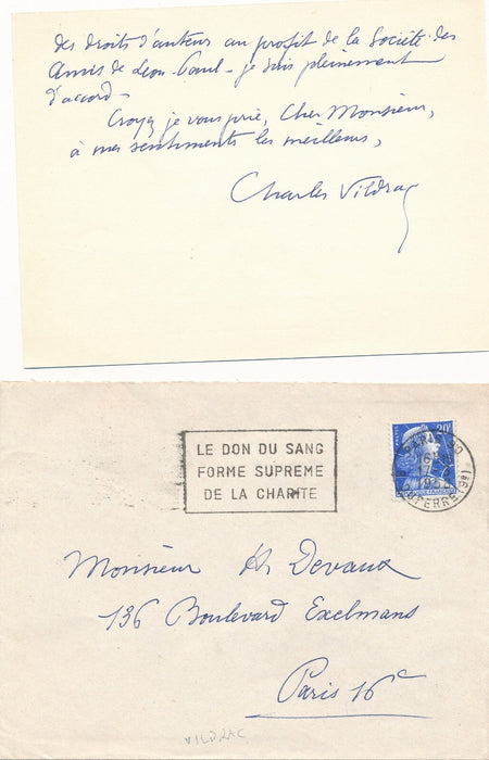 Charles Vildrac évoque poète Léon-Paul Fargue 2 cartes autographes signées