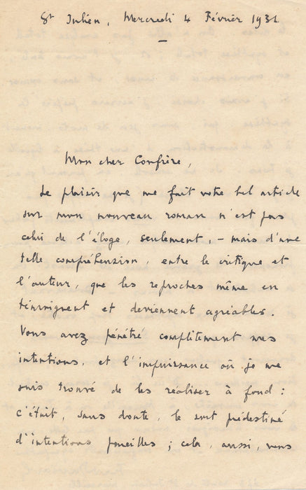 écrivain Ferdinand Duviard lettre autographe signée sauvagesses critique 1931