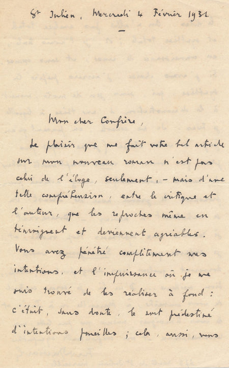 écrivain Ferdinand Duviard lettre autographe signée sauvagesses critique 1931