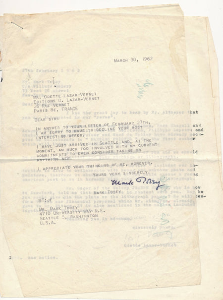 Mark TOBEY lettre signée collaboration Paroles Peintes editions peintre 