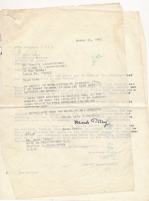 Mark TOBEY lettre signée collaboration Paroles Peintes editions peintre 