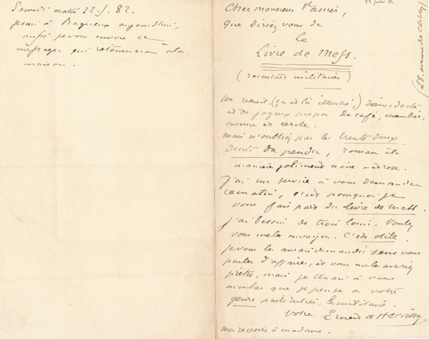Ernest d HERVILLY propose un livre à éditeur Vanier lettre autographe militaria