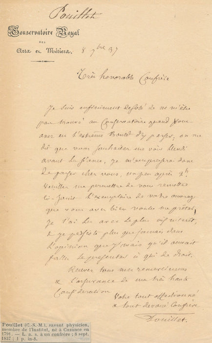 Claude POUILLET physique lettre autographe signée lecture vif intérêt ouvrage