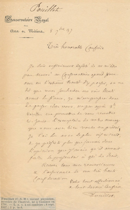 Claude POUILLET physique lettre autographe signée lecture vif intérêt ouvrage