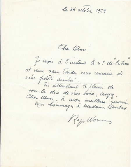 Roger WORMS (1907-1880), peintre 3 lettres à Auber poète Falmmes vives