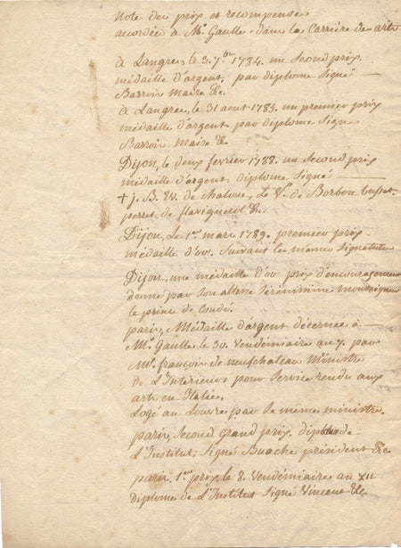 art sculptures Edme Gaulle note manuscrite v. 1803 distinctions realisations