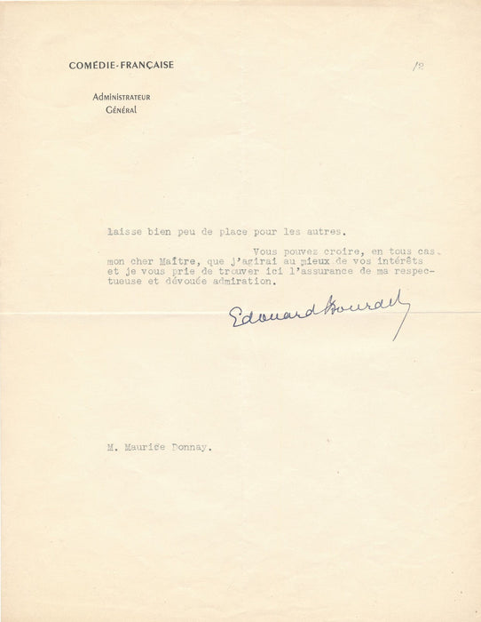 Edouard BOURDET dramaturge lettre signée à Maurice Donnay Amants.