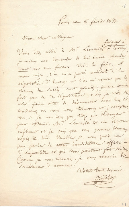 chimiste Mathieu ORFILA et la politique député Evreux lettre autographe signée