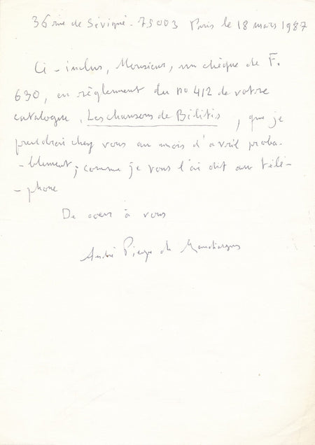 André Pieyre de MANDIARGUES achète Les Chansons de Bilitis de Pierre Louÿs