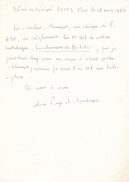 André Pieyre de MANDIARGUES achète Les Chansons de Bilitis de Pierre Louÿs