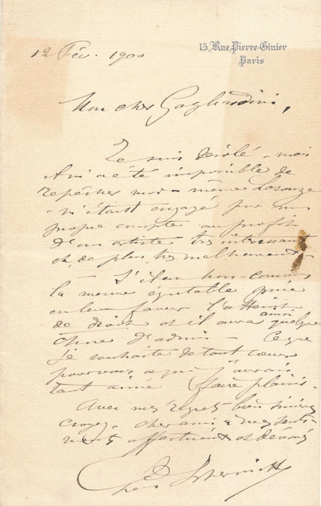 L. LHERMITTE à Gustave GAGLIADINI sur Jean Laronze lettre autographe 1900