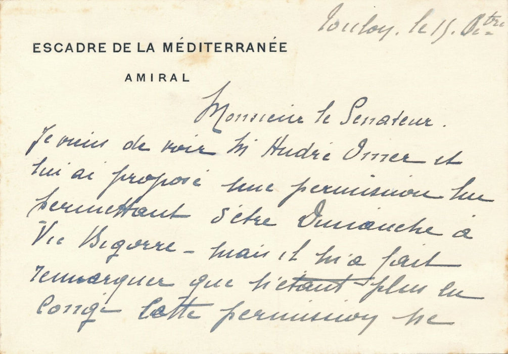 Militaire Jean-Marie Charles ABRIAL amiral permission à un sénateur sans date