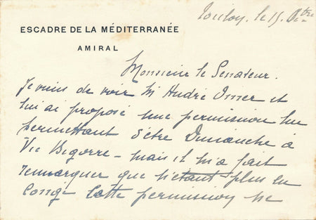 Militaire Jean-Marie Charles ABRIAL amiral permission à un sénateur sans date