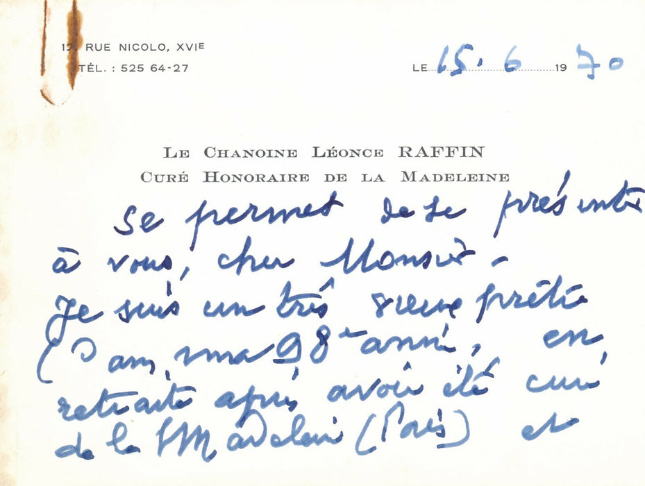 Léonce RAFFIN curé de la Madeleine lettre autographe signée princesse Gonzague
