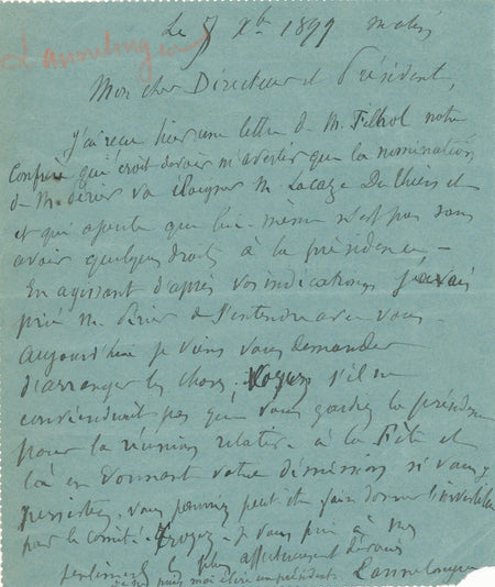 Odilon LANNELONGUE à A. MILNE-EDWARDS lettre nomination directeur Muséum