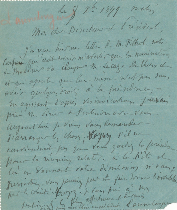 Odilon LANNELONGUE à A. MILNE-EDWARDS lettre nomination directeur Muséum