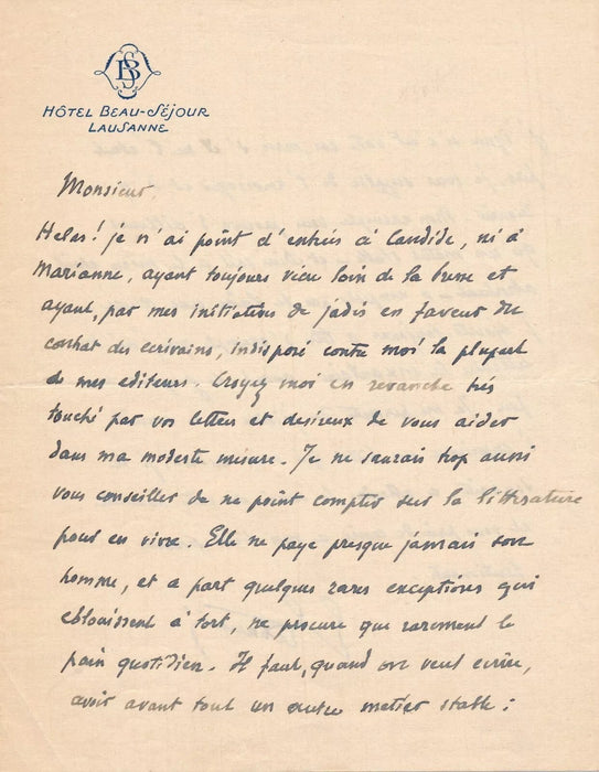 Édouard Estaunié 2 lettres autographes jeune romancier